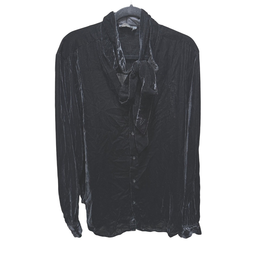 ASOS Blouse Womens 2XL Black Velvet Tie Neck Bow Button Up Long Sleeve